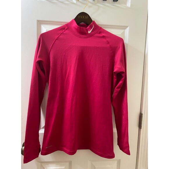NIKE DRI-FIT Pink Long Sleeve Turtleneck Shirt Top Sz L Fuchsia Thumb Hole - Picture 1 of 10